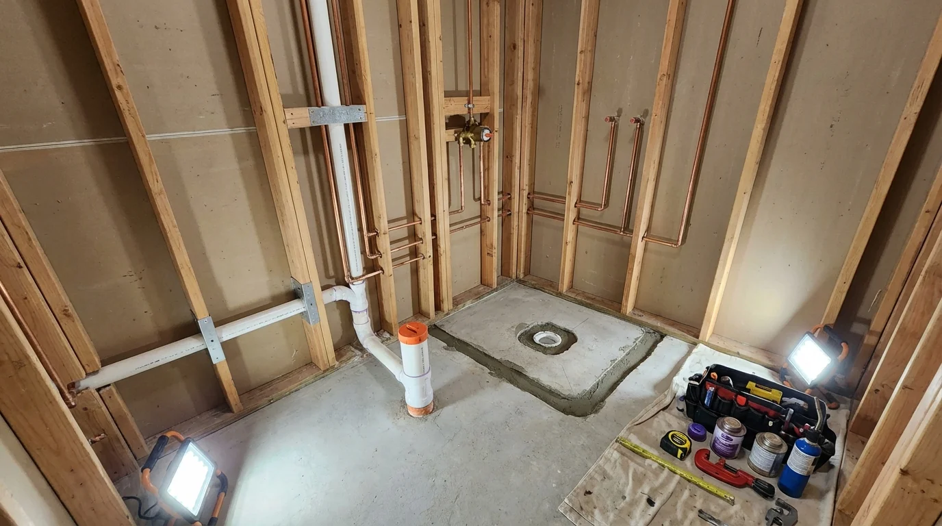 Bathroom rough-in plumbing during remodel by Johns Plumbing LLC in Vernon