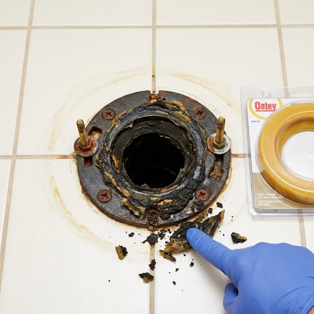 Failed wax ring showing water seepage at the base of a toilet in a Vernon, AL home