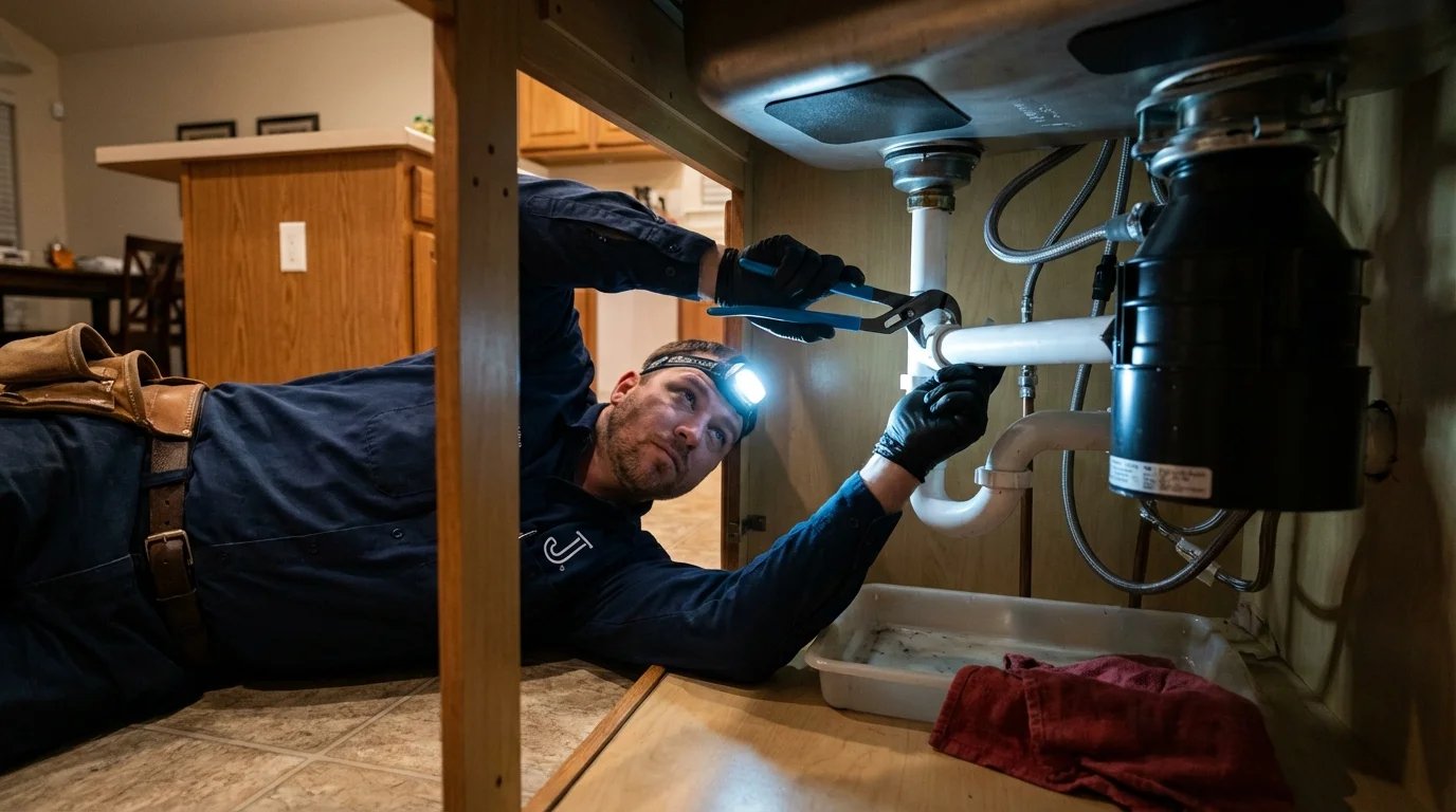 P-trap and supply line connections under a kitchen sink showing a common leak point in Vernon, AL